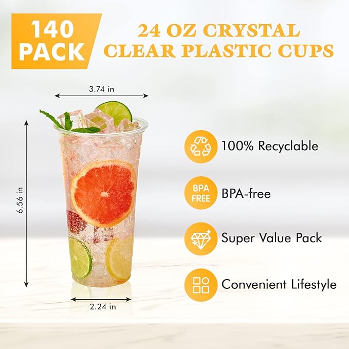 Vplus 140 Pack 24 OZ PET Clear Plastic Cups with Lids 24 OZ Crystal Cold Disposable Drinking Plastic Cups with Flat Lids Perfect for Ice Coffee Smoothie Juice