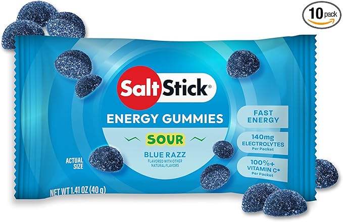 SaltStick Energy Gummies with Electrolytes Sour Blue Razz Easy to Chew Electrolyte Gummy Energy Chews that Taste Great. 10 Packs 80 Gummies