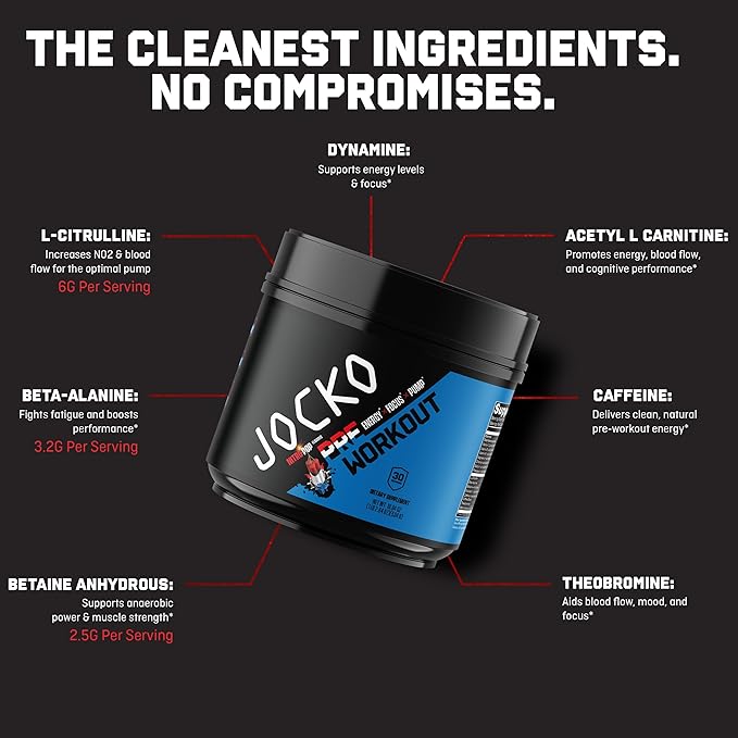 Jocko Fuel Pre Workout for Men &amp Women - High Stim Low Sugar Blend with Beta Alanine + L-Citrulline Support Muscle Pump Energy &amp Recovery 200mg of Caffeine Nitro Pop 30 Servings 1.31lbs (