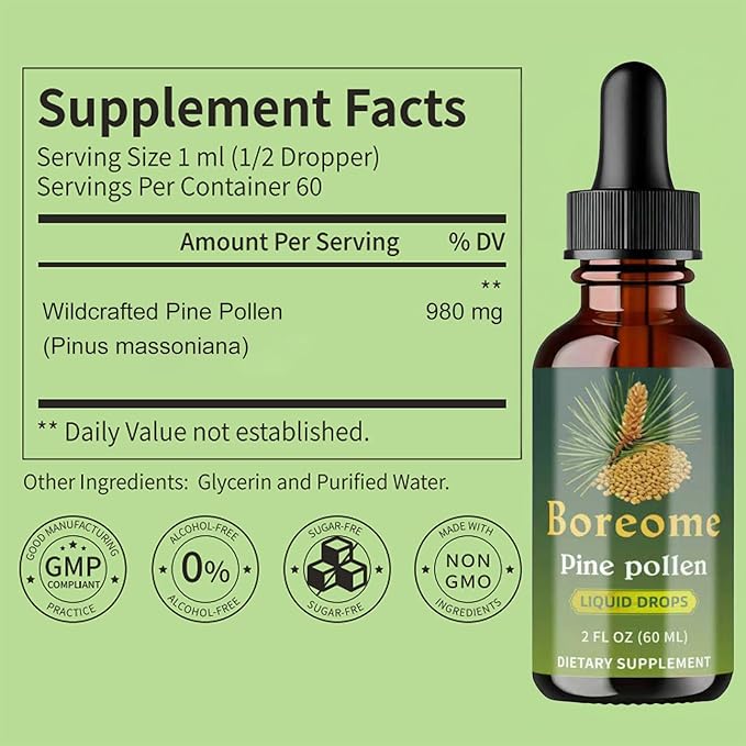 Pine Pollen Tincture - Pine Pollen Powder Liquid Drops for Men &amp Women - Vegan Sugar &amp Alcohol-Free Supplement - 2 fl oz