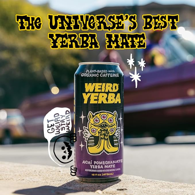 Drink Weird Organic Acai Pomegranate Yerba Mate – 16oz Cans 160mg Organic Caffeine Pack of 12 – Antioxidant-Rich Energy Drink Alternative