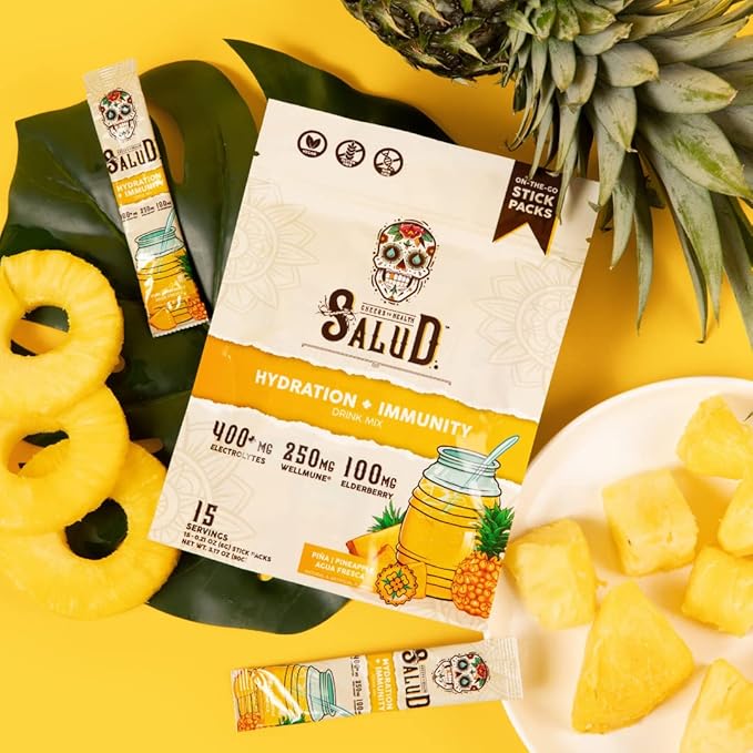 Salud 2-in-1 Hydration Packets + Immunity Electrolytes Powder Pineapple - Agua Fresca Drink Mix Elderberry Dairy &amp Soy Free Non-GMO Gluten Free Vegan Low Calorie 1g Sugar (15 Servings)