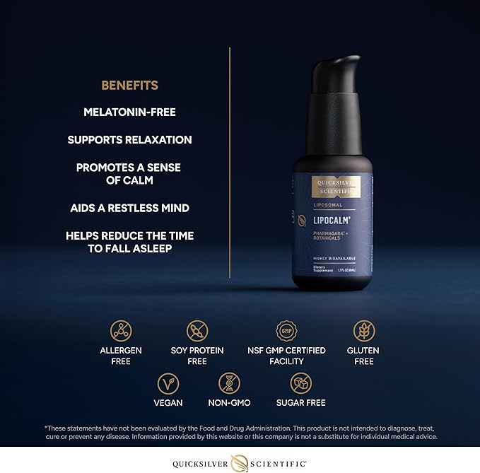 Quicksilver Scientific LipoCalm - Liposomal GABA with Herbs for Relaxation Support - Chamomile Passionflower Herb &amp Skullcap Supplement for Peace of Mind &amp Sleep Calm Support (1.7oz / 50ml)