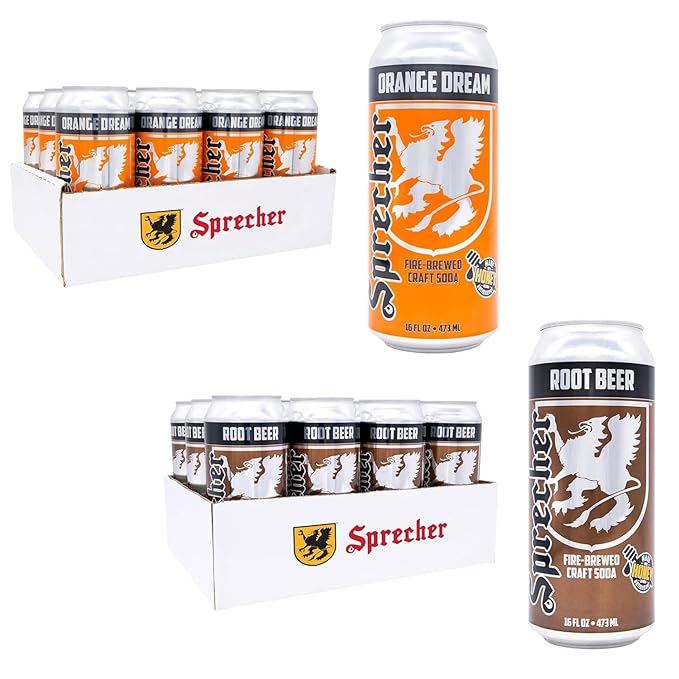 Sprecher Root Beer and Orange Dream Soda Bundle Pack Fire-Brewed Craft Soda with Real Honey Caffeine Free Gluten Free 16 fl oz Cans 12+12 Pack (24 Total)