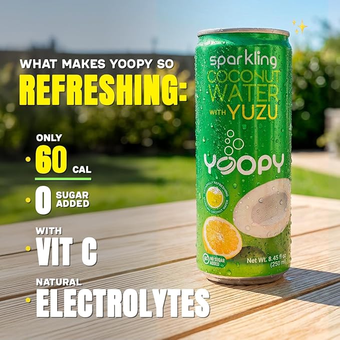Yoopy Sparkling Coconut Water with Citrus-Inspired Yuzu – Low Sugar Refreshing Drink Healthy Soda Alternative Lightly Carbonated Beverage - 12 pack (8.45 fl oz cans)