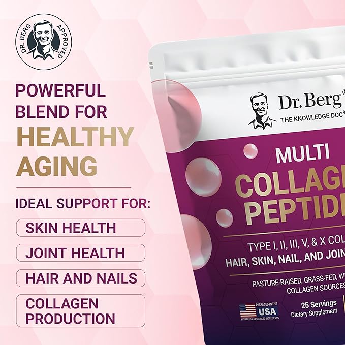 Dr. Berg Multi Collagen Peptides Powder Types I II III V X - Unflavored Collagen Powder w/ 14 g of Protein - Grass-Fed Pasture-Raised &amp Wild-Caught Collagen Sources - 25 Servings
