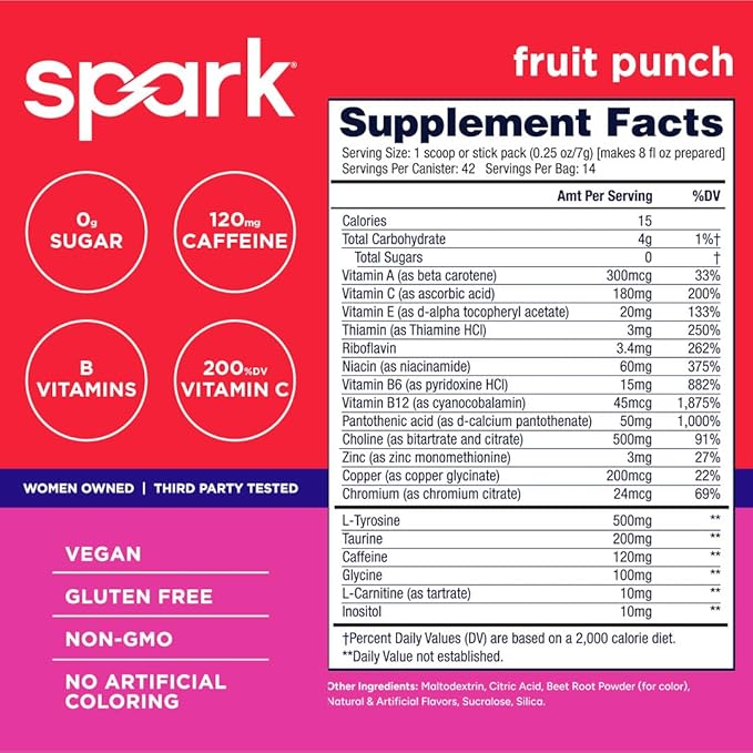 AdvoCare Spark - Energy Drink Mix - Vitamin &amp Amino Acid Supplement - Supports Energy &amp Focus* - Portable Immune Support* - Sugar-Free - Fruit Punch 14 Stick Packs (3.5 oz)