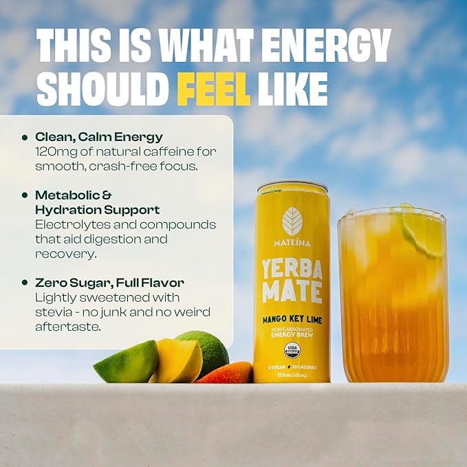 Mateina Yerba Mate Zero Sugar Energy Drink – 120mg Natural Caffeine – Organic Non-GMO Non-Carbonated – Dr. Andrew Huberman Recommended – (12 fl oz Cans 12 Pack) Mango Key Lime