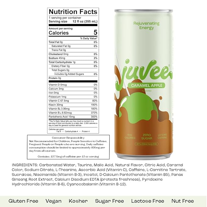 Juvee Rejuvenating Energy Drink – Sugar Free Caramel Apple Flavor 12 oz Cans (12-Pack) – 128mg Natural Caffeine Zero Sugar Low Calorie Clean Energy &amp Focus Booster for Daily Use