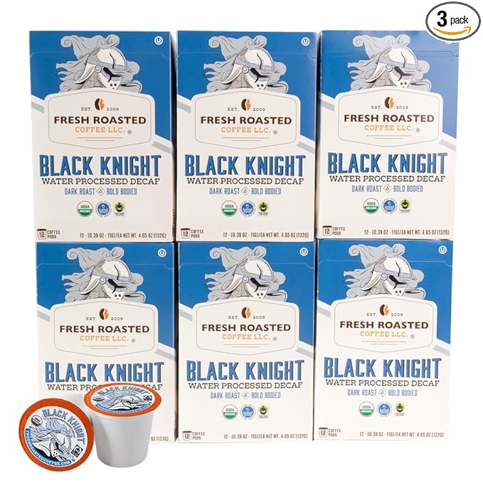 Fresh Roasted Coffee Organic Black Knight Water-Processed Decaf | USDA Organic Kosher | Dark Roast | 72 Pods for K Cup Brewers