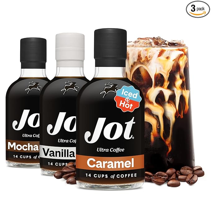 Jot Coffee Concentrate Trio (Caramel/Mocha/Vanilla 3pk) – High Caffeine Cold Brew Iced &amp Hot Coffee Instant Espresso – Makes 14 Cups Concentrated Coffees