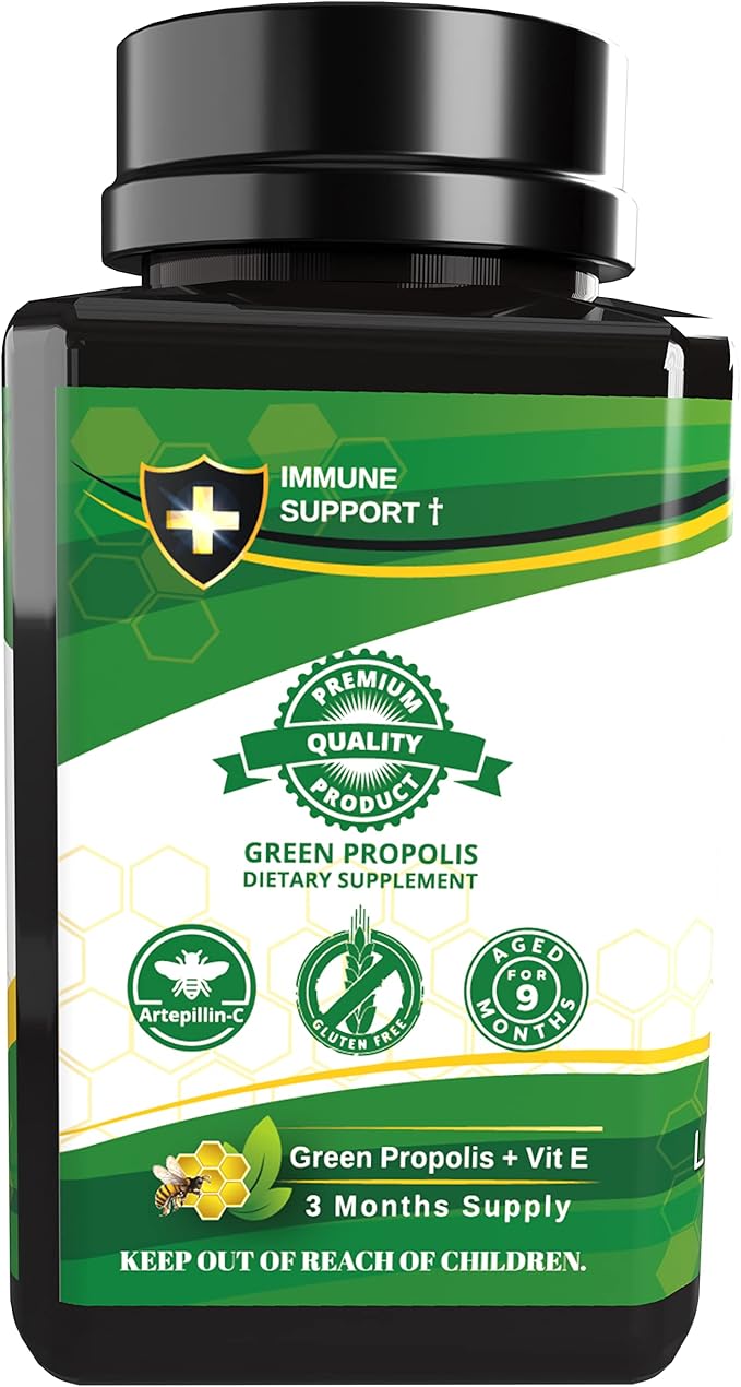 Propolis Health Propolis Capsules 1000mg-Daily with Vitamin E Per dose - Brazilian Green Propolis Extract - Immune Booster 50 Days Supply Propolis (180 Capsules)