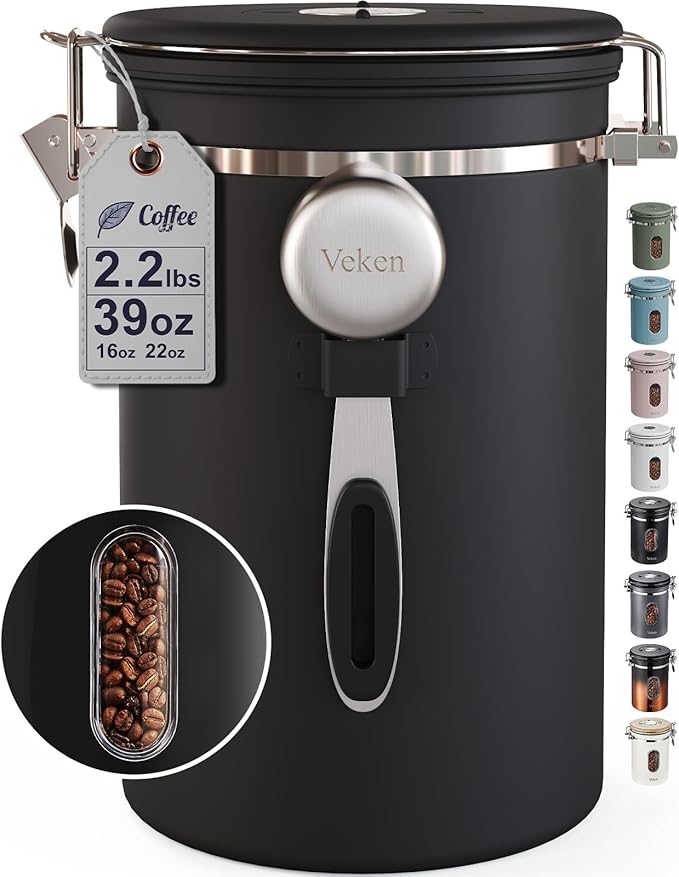 Veken Large Coffee Canister with Window Kitchen Food Storage Airtight Stainless Steel Container for 2.2lbs Coffee Beans Grounds RiceTea Flour Cereal Sugar JarsDate Tracker and Scoop 39ozBlack