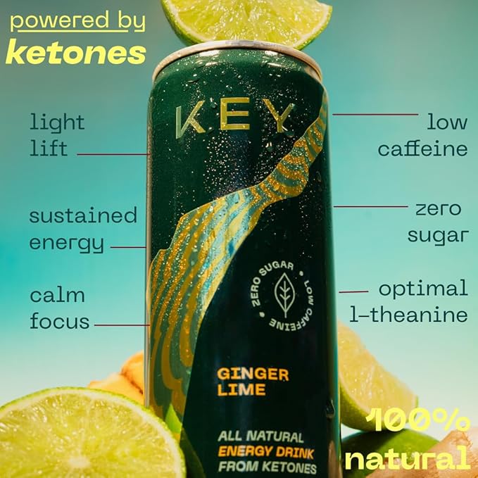 KEY Ketone Drink - Ketones for Energy &amp Focus Sugar Free &amp Low Caffeine from Green Tea with L-Theanine No Crash or Jitters All Natural Lightly Carbonated Ginger Lime (Pack of 12)