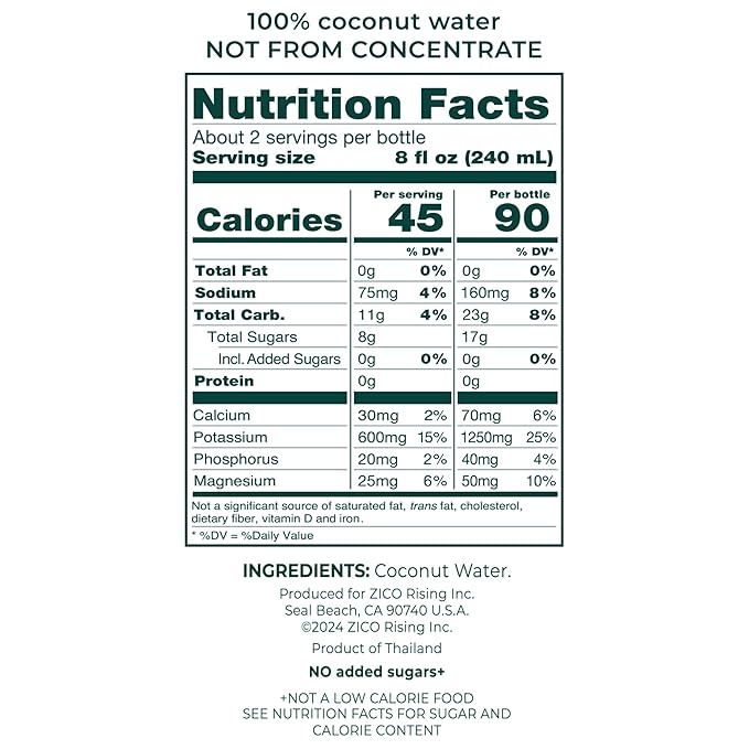 Zico 100% Coconut WaterNO added SugarRefreshingly DeliciousHydration with Electrolytes16.9 Fl Oz(Pack of 24)
