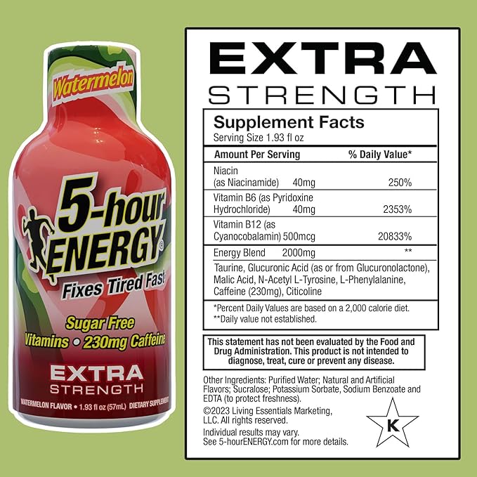 5-hour ENERGY Extra Strength Watermelon Energy Shot 1.93oz 20-Pack – Sugar Free Caffeine Energy Booster with B-Vitamins &amp Amino Acids – Zero Calorie (20 Bottles – Single Flavor Watermelon)