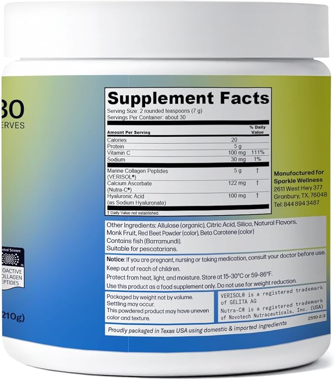 Sparkle Wellness Marine-derived VERISOL Bioactive Hydrolyzed Collagen Peptides | Collagen Powder Supplement with Vitamin C &amp Hyaluronic Acid | Marine Skin Boost Plus (Peach) [30-Serves]