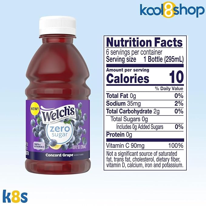 Welch's Zero Sugar Concord Grape Juice Drink 10 fl oz Plastic Bottle 24 Pack + 2 Reusable Snack Bags by KOOL8SHOP Infinite Deals