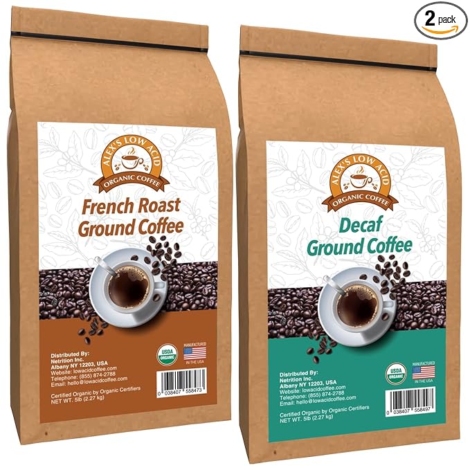Alex's Low Acid Organic Coffee Perfectly Prepared Host 5lb Fresh Ground Variety Pack