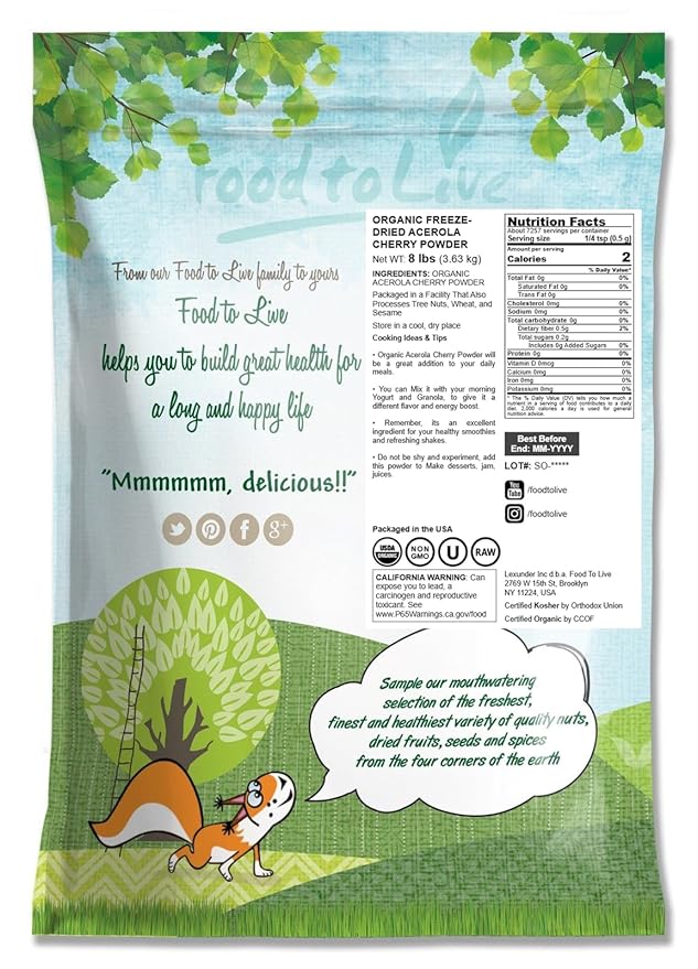 Food to Live Organic Freeze-Dried Acerola Cherry Powder 8 Pounds – Non-GMO 100% Pure Kosher Raw Non-Irradiated No Additives Vegan Superfood Bulk Great for Juice Drinks and Smoothies Rich in