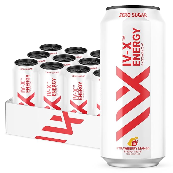 IV-X (IV-X - 12-Pack Strawberry Mango 16oz Cans - Energy &amp Focus &amp No Artificial Colors - 200mg of Green Tea Caffeine Himalayan Salt &amp Utah Sea Minerals - Gluten-Free &amp Vegan Friend