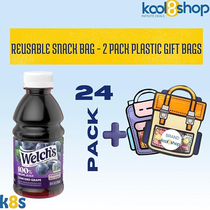 Welch’s 100% Concord Grape Juice Drink 10 fl oz Plastic Bottle 24 Pack + 2 Reusable Snack Bags by KOOL8SHOP Infinite Deals