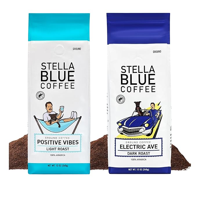 Stella Blue Ground Coffee Variety Pack Positive Vibes Light Roast And Electric Avenue Dark Roast 100% Arabica Coffee Vanilla Fruity And Chocolate Notes Ethically Sourced 12 oz Bags