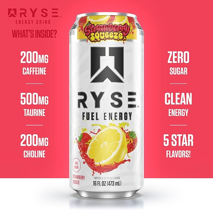 RYSE Fuel Energy Drink - Strawberry Squeeze - Sugar Free Gluten Free &amp Vegan - 200mg Natural Caffeine Taurine &amp Choline for Focus &amp Energy - No Artificial Colors - 16 fl oz Cans (12-Pack