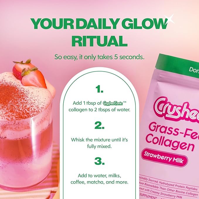 Crushed Tonic Marine Collagen Powder Korean Beauty Drink with Hydrolyzed Collagen Peptides for Skin Hair &amp Nails | Gluten-Free Halal &amp Kosher (Strawberry Milk 30 Servings (150 g) Pouch)