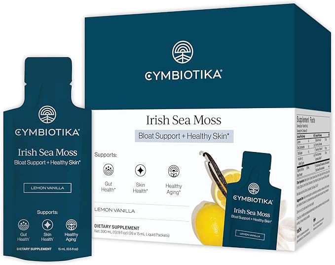 CYMBIOTIKA Irish Sea Moss Supplement Organic Wildcrafted Sea Moss with Aloe Vera Fulvic Minerals Postbiotics Gut Immune Skin Support Liquid Travel Packet 26 Servings (Single Pack)