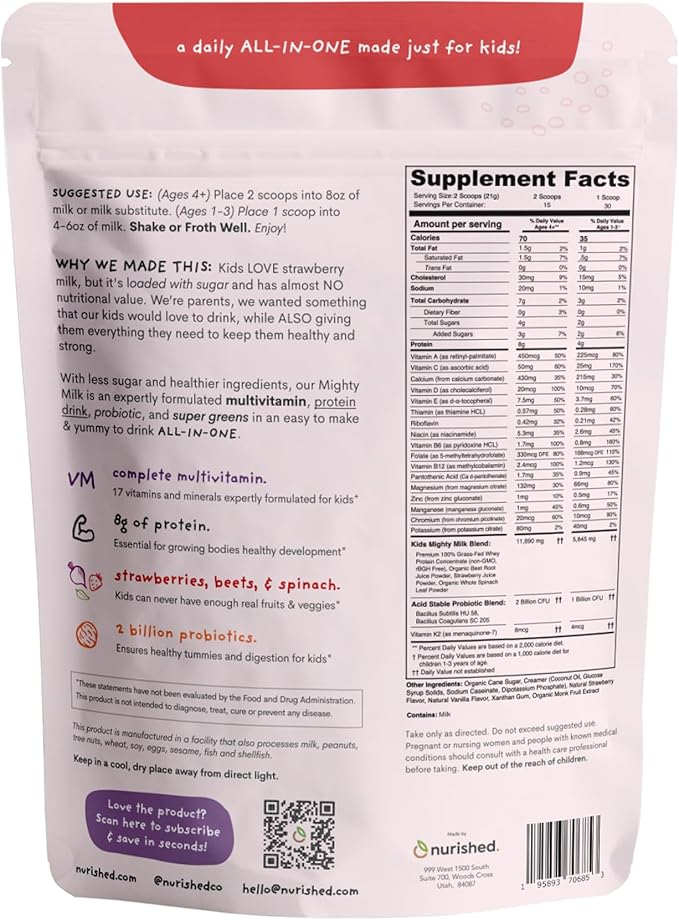 Mighty Strawberry Milk - Kids All-in-One Daily Protein Powder &amp Multivitamin Boosted with 2 Billion Probiotics &amp Organic Spinach - Natural Flavors Colors &amp Sweeteners - 15-30 Servings