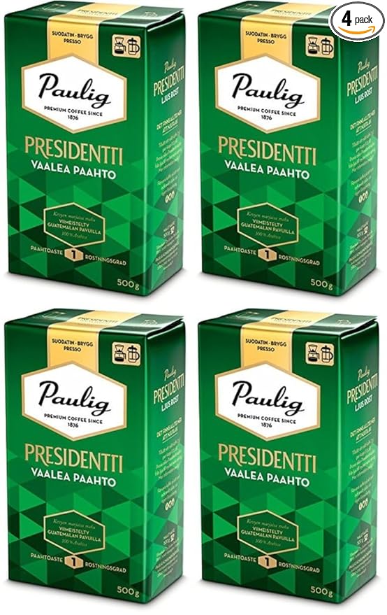 Paulig Presidentti (President) - Fine Grind - Premium Filter Blend Ground Coffee - Bag 500g (Finland) (4 Bags (Save 25%))