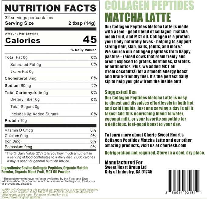 Cherie Sweet Heart's Collagen Peptide Powder 1 lb Pure Hydrolyzed Gluten Free Keto and Paleo Friendly Grass Fed Non GMO Matcha Latte