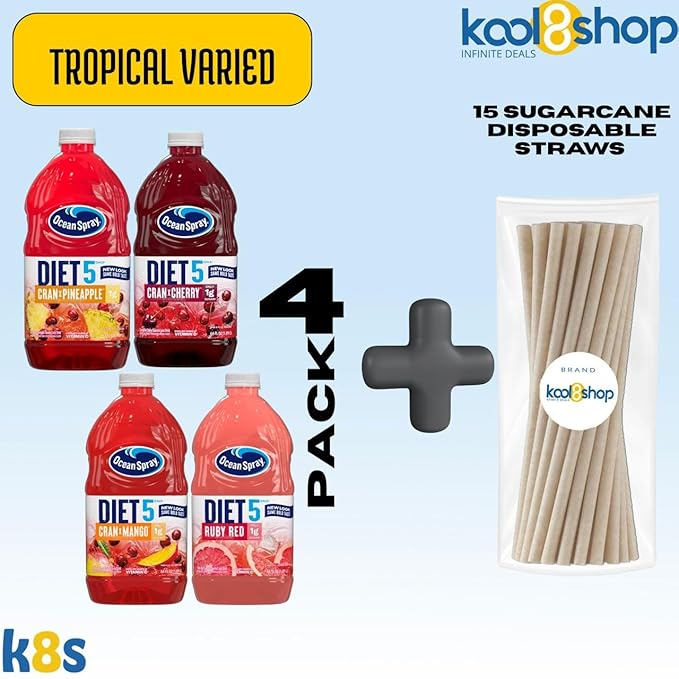 Ocean Spray Diet Tropical Variety Pack Juice Drink 64 fl oz Plastic Bottle 4 Pack + 15 Sugarcane Disposable Straws by KOOL8SHOP Infinite Deals