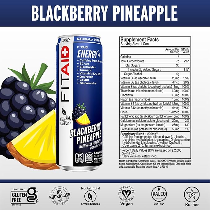FITAID ENERGY 200mg Natural Caffeine Keto Blackberry Pineapple Omega-3s 15 calories Paleo Vegan &amp Gluten-Free No Artificial Sweeteners 12-oz. cans (Pack of 12)