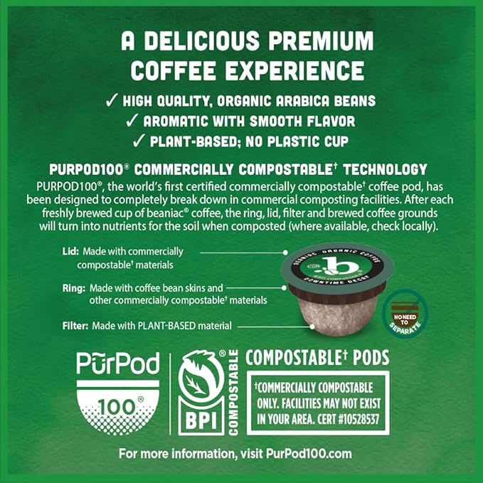 beaniac Organic Downtime Decaf Swiss Water Decaffeinated Medium Roast Single Serve Compostable K Cup Coffee Pods Organic Arabica Coffee Keurig Brewer Compatible 30 Count