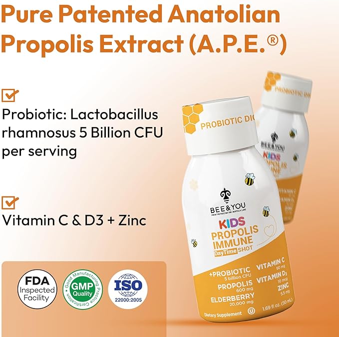 Bee and You Kids Propolis Immune Day Time Shot - Probiotic Vitamin C Vitamin D3 Zinc Immune Support Gut Health Digestive Health 1.69 Fl. oz 12 Pack