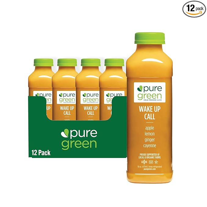 Pure Green Cold Pressed Juice - Wake Up Call - Fresh Functional Blend with Apple Ginger Lemon Cayenne - Natural Gluten Free Non-GMO No Artificial Colors or Flavors - Made from Real Fruits &amp