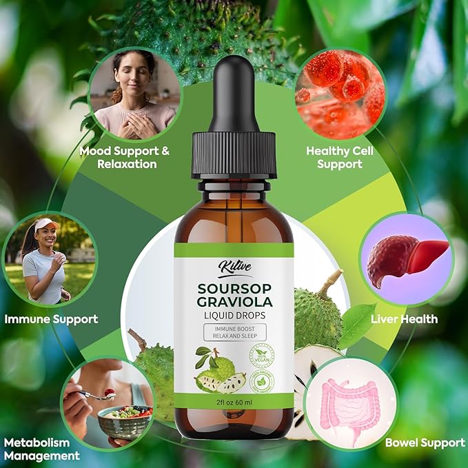 Organic Soursop Bitters Liquid Drops: Cell Support &amp Regeneration Immune Boost Relaxation-Organic Soursop Bitters Liquid Extract Pure Vegan Gluten-Free for Men &amp Women 60ml