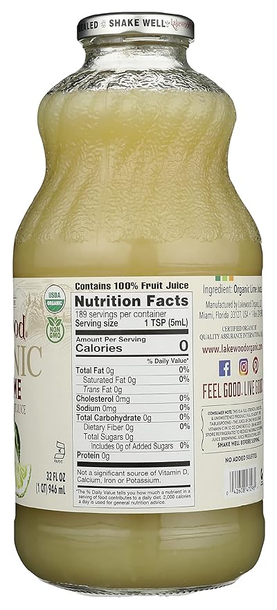 Lakewood Organic Pure Lime Juice Gluten Free Non GMO Preservative Free 32 Ounce (Pack of 6)