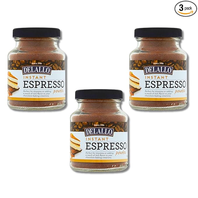 DeLallo Instant Espresso Powder For Baking and Drinks100% Dark Roast Coffee Naturally Caffeinated Kosher Vegan Non-GMO Peanut Free 1.94 oz Jar (3 Pack)