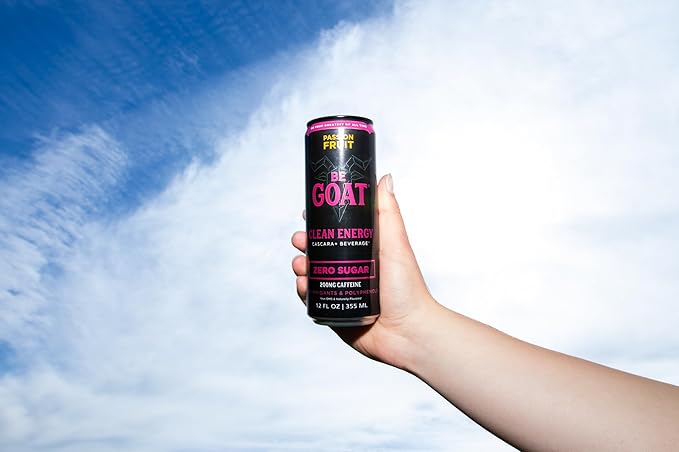 BeGOAT Clean Energy | Passion Fruit Zero Sugar | 6 Ingredients Plant-Based Zero Sugar Non-GMO Vegan | 200mg Natural Caffeine | 12 fl oz Cans (Pack of 12)