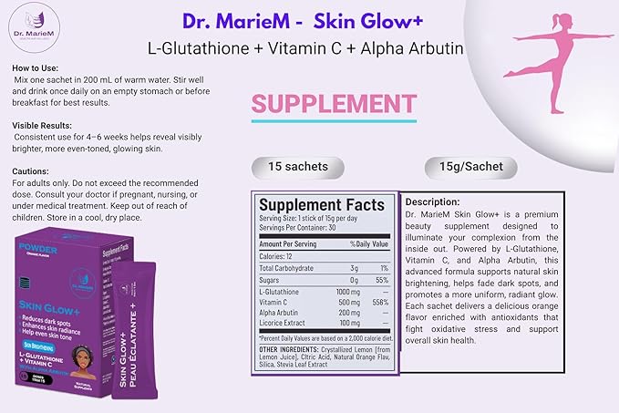 Skin Glow+ Brightening Powder - Supplement – 1000mg L-Glutathione + 500mg Vitamin C with 200mg Alpha Arbutin – Reduces Dark Spots Evens Skin Tone – Orange Flavor – 15g/stick