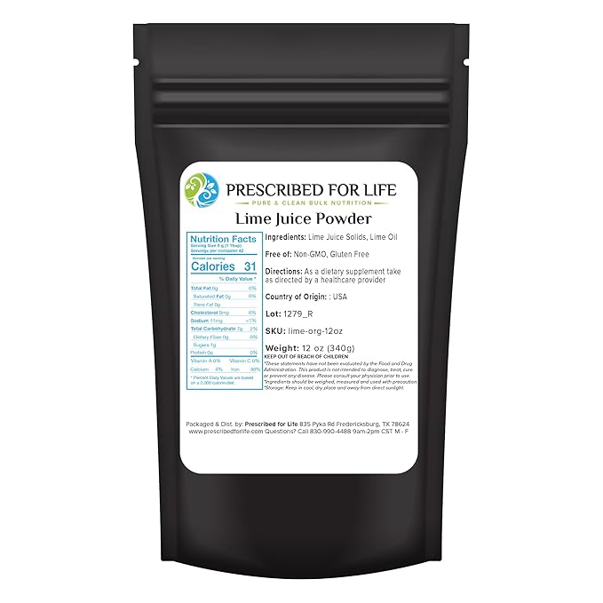 Prescribed for Life Lime Powder Natural &amp Unsweetened Spray Dried Lime Juice Powder Made from Real Limes Vegan Gluten Free Non GMO Reconstitute Ratio 1:2 (12oz / 340g)