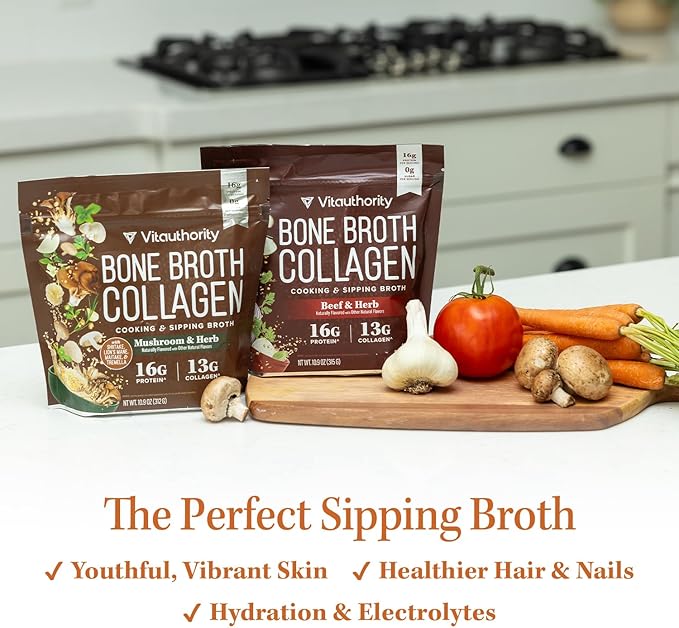 Vitauthority Bone Broth Collagen Delicious Chicken Noodle Flavored - Packed with 16g of Protein &amp Types I II III - Nourishes Skin Hair Nails Joints &amp Gut - Beef BoneBroth