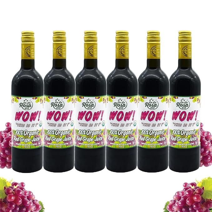 De La Rosa Organic Red Grape Juice Non-GMO Vegan and Gluten-Free Kosher Certified with No Sugar Added No Preservatives or Sulfites Grape Juice 25.4 Oz (Pack of 6)