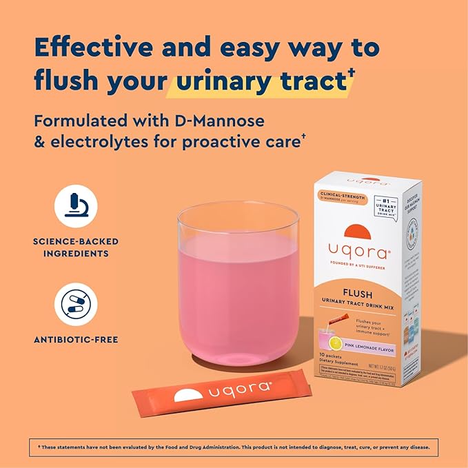 Uqora Flush - Urinary Tract* with D-Mannose Vitamin C Vitamin B6 Potassium Magnesium &amp Calcium - Gluten-Free &amp Vegan - Pink Lemonade Flavor - 10 Packets (1 Pack)