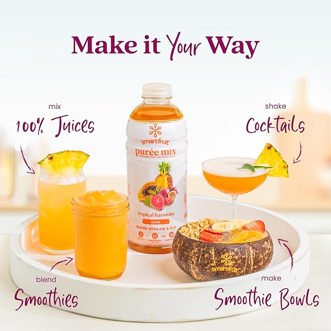 Smartfruit Tropical Harmony + Aloe – 100% Real Fruit Purée with Pineapple Passion Fruit Papaya &amp Guava – Great for Smoothies Juice Yogurt Cocktails Teas – High in Vitamin A &amp C – 2-Pk 4