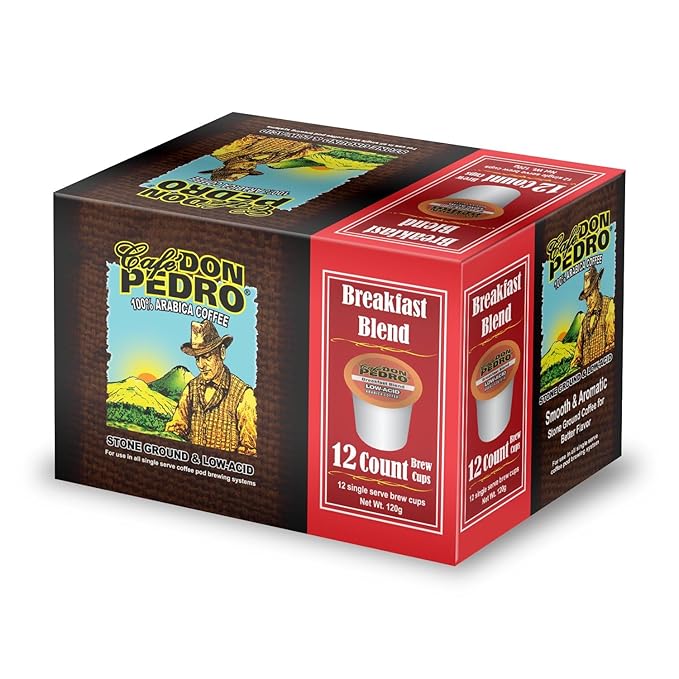 Cafe Don Pedro Breakfast Blend Low Acid Coffee Pods for Keurig K-cup -72 K Cups - Medium Roast Naturally Low AcdC Coffee K Cups -100% Arabica Stone Ground Smooth and Bold Flavor