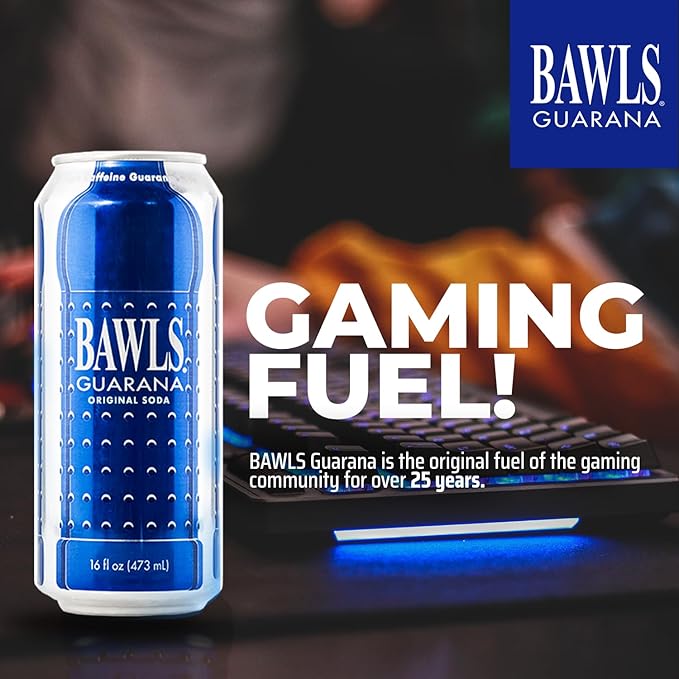 BAWLS Guarana Original Guarana Fueled Soda for Energy High Energy Caffeinated Drink - 16oz 12 Pack Cans